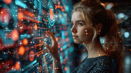 Woman Interacting with Digital Technology Interface