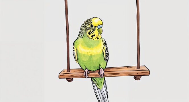 Hand drawing clipart of a lively parakeet perched on a swing on plain white background