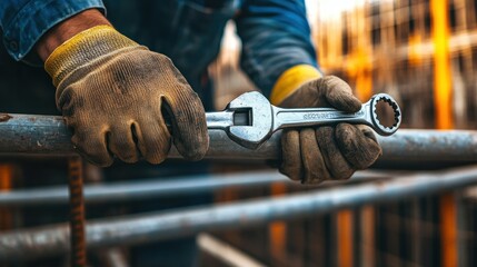 A worker holding a wrench on a construction site, showcasing tools and labor.