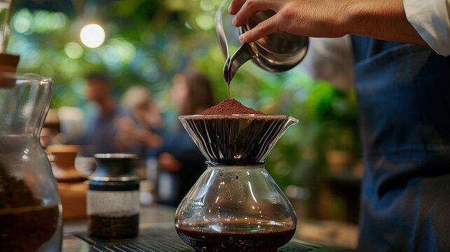 A barista pours coffee grounds into a filter, brewing a fresh cup in a vibrant café setting.