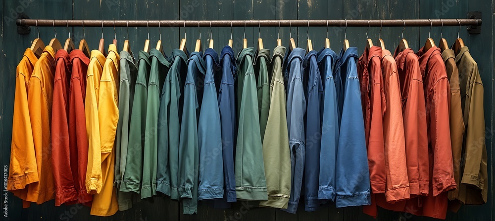 Poster a row of neatly organized clothes with space for a promotional message above them