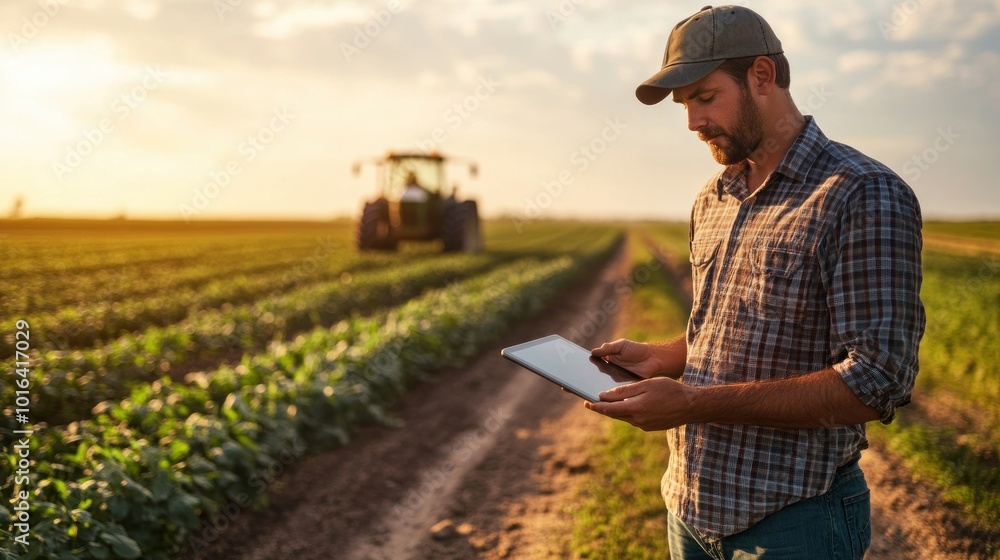Poster a farmer using a tablet in a field with a tractor in the background during sunset.