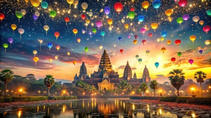 Fototapeta premium Vibrant scene of colorful lanterns, balloons, and confetti filling the night sky above ancient Angkor Wat temple, celebrating a joyful Happy New Year in Cambodia.