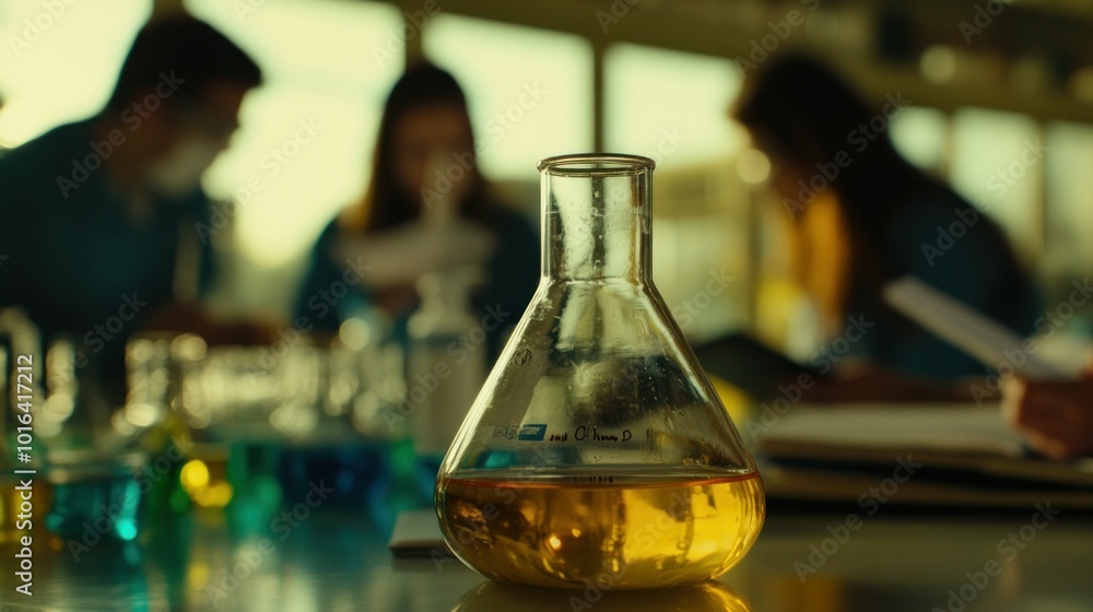 Poster a laboratory scene featuring a flask with a yellow liquid and blurred figures in the background.