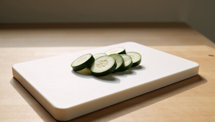 a kitchen scene sliced zucchinis arranged on a cutting board under natural light