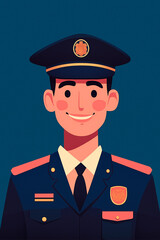 Flat illustration style of portrait of smiling police officer in uniform.