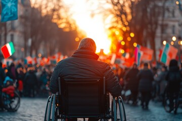 Obraz premium Person in a wheelchair attending a vibrant city street event at night, illuminated with festive lights, symbolizing inclusion and community