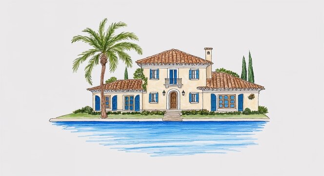 recommend clip art: Hand drawing clipart of a Mediterranean villa with arched doorways on plain white background