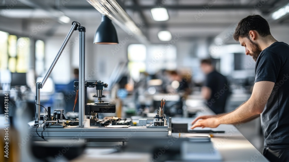 Canvas Prints A person working in a modern workshop, focusing on precision tasks with tools and machinery.