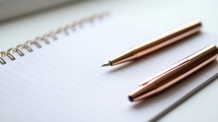 Naklejka premium Rose gold metallic pen and notebook set on a clean, minimalist desk, perfect for business or creative visuals