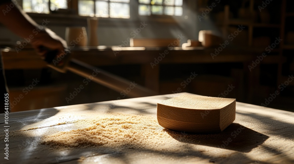 Wall mural A wooden object on a workbench with sawdust, illuminated by sunlight in a workshop.