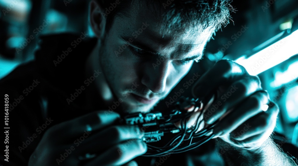 Wall mural A focused individual working on intricate electronic components in a dimly lit environment.