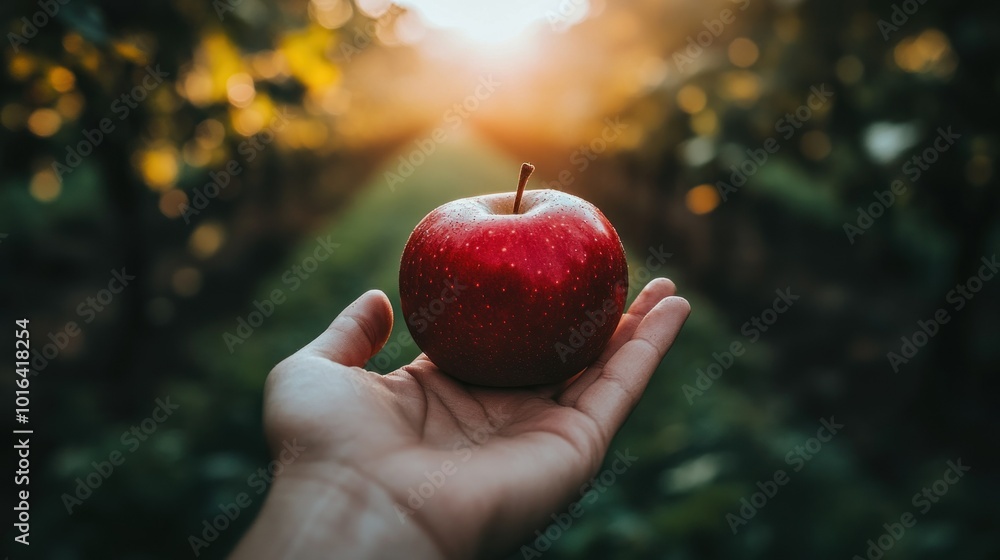 Wall mural A hand holding a shiny red apple in a sunlit orchard, symbolizing nature and abundance.