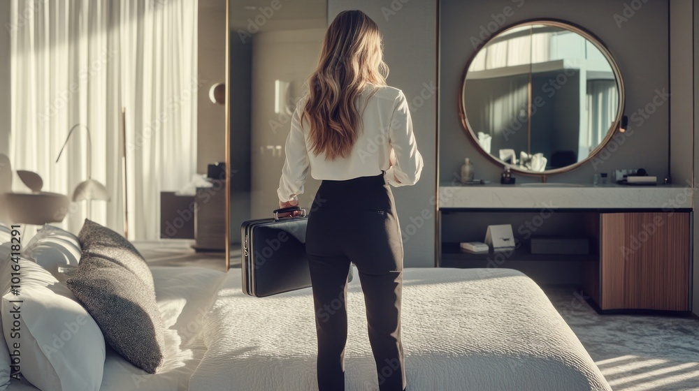 Poster A woman stands in a modern hotel room, preparing for her day.