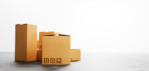 Cardboard boxes on floor with white background