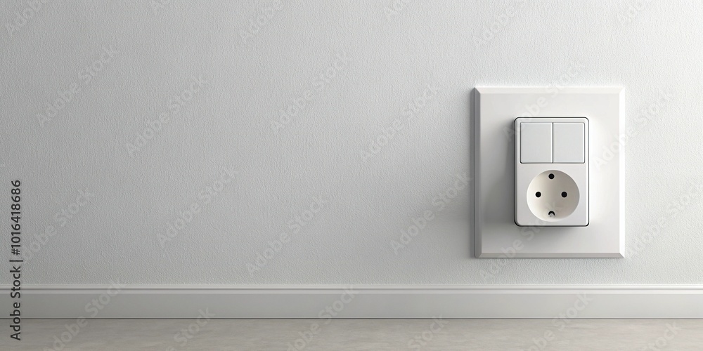 Wall mural a modern white-painted wall features a sleek light switch and socket, securely mounted and aligned, 