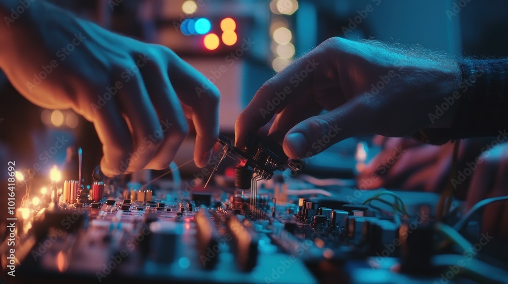 Aufkleber hands work on a circuit board with glowing lights, indicating a tech or electronics project.