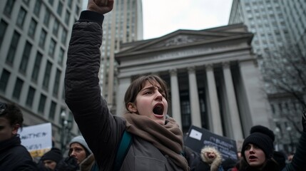 Obraz premium Young woman with a raised fist protesting in the street in front of a government building, symbolizing empowerment and the fight for social justice, highlighting grassroots activism, public expression
