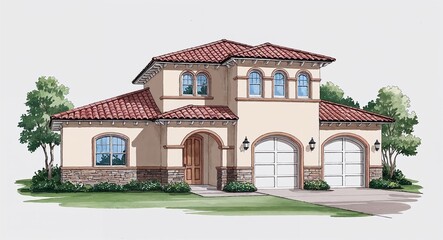 Hand drawing clipart of a Neo Mediterranean house with stucco and arches on plain white background