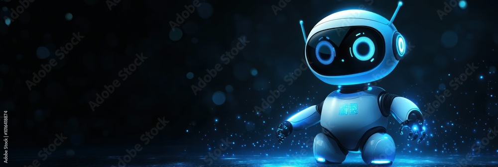 Poster a futuristic robot character with glowing features set against a dark, sparkling background.