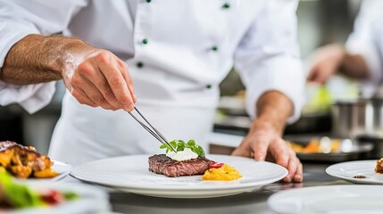Chef plating a gourmet dish with precision in a professional kitchen.