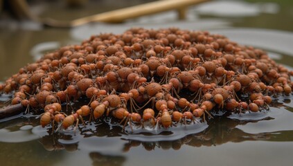 Obraz premium Fire ants construct a floating raft amidst floodwaters linked together intricately