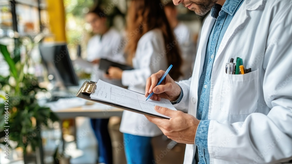 Poster a person in a lab coat writing on a clipboard in a modern workspace with colleagues in the backgroun
