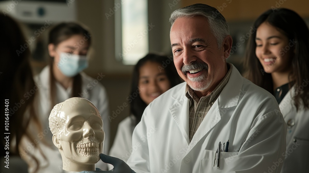 Aufkleber a smiling instructor demonstrates a skull model to engaged students in a learning environment.