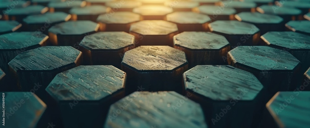 Poster elegant hexagonal wooden patterns capturing natural light in a unique arrangement