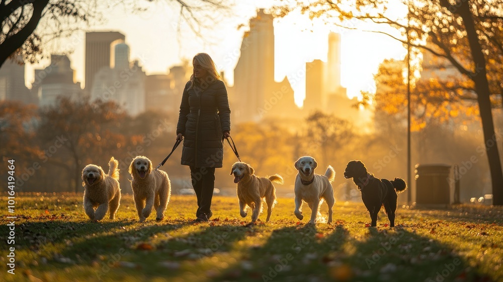 Sticker A woman walks five dogs in a park during sunset with a city skyline in the background.