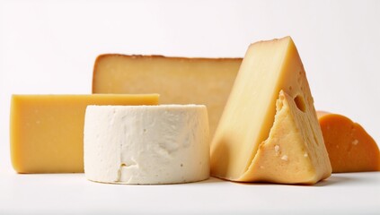 Gourmet cheeses arranged with varied textures and hues against a pristine backdrop