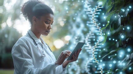 Doctor using tablet and DNA double helix with futuristic medical technology background, Double exposure