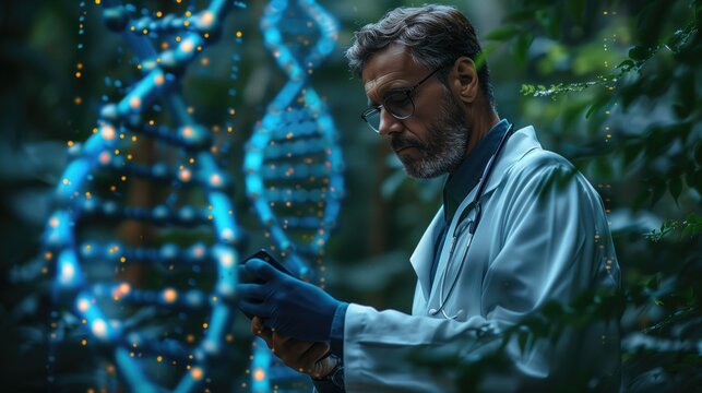 Doctor using tablet and DNA double helix with futuristic medical technology background, Double exposure