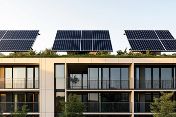 Fototapeta premium Modern apartment building with large solar panels installed on the green rooftop, featuring balconies and large windows reflecting the skyline in the evening light.