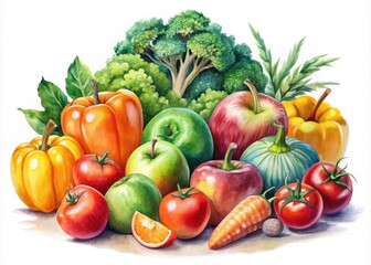 Vibrant Watercolor Fruits and Vegetables Collection on White Background