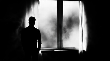A man in silhouette stands by a window, looking out at a foggy, overcast day. The room is dark, and the man is obscured by shadows.