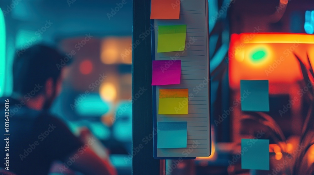 Poster a workspace with colorful sticky notes, highlighting organization and brainstorming.