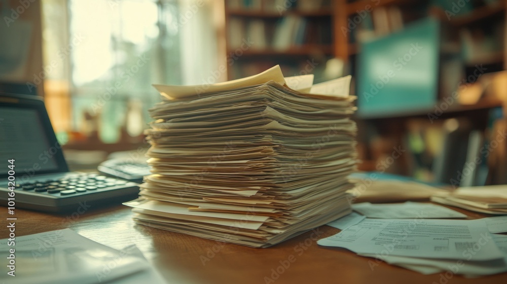 Poster a cluttered desk with a stack of papers and a calculator in a cozy office setting.