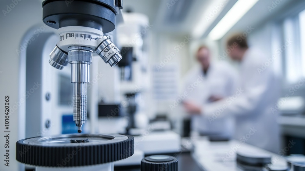 Poster a laboratory setting with a microscope and researchers in white coats discussing.