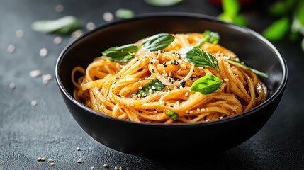 Spicy noodle stir-fry in a modern black ceramic bowl, topped with sesame seeds and fresh herbs