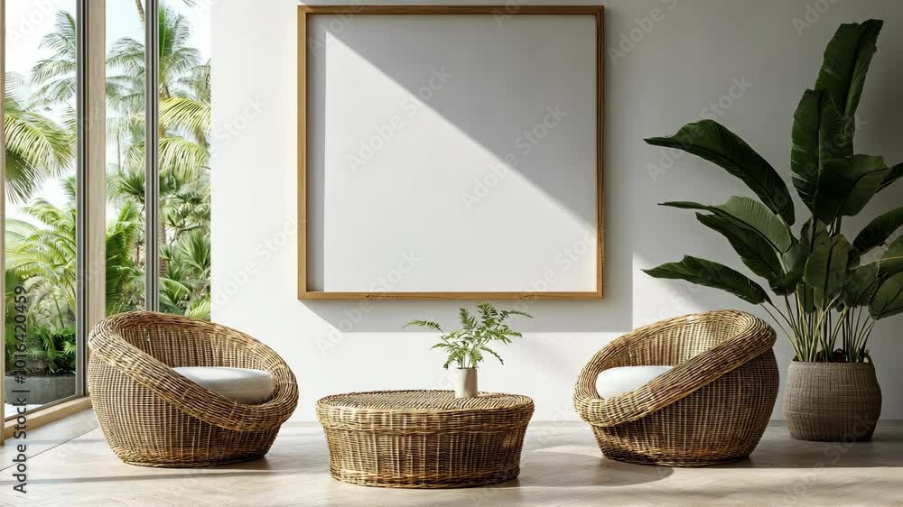 Poster two wicker chairs and a wicker coffee table are situated in a room with large windows overlooking tr