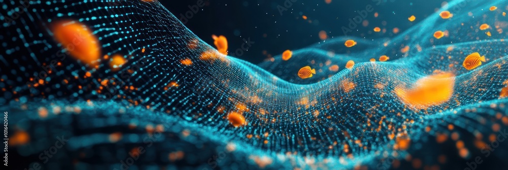 Poster a digital abstract representation of flowing waves with glowing particles and binary data.