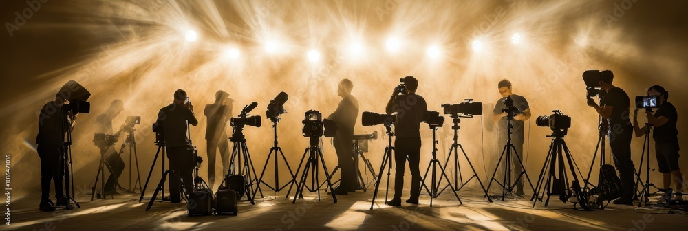 Poster a group of photographers capturing images with various cameras and lighting setups.