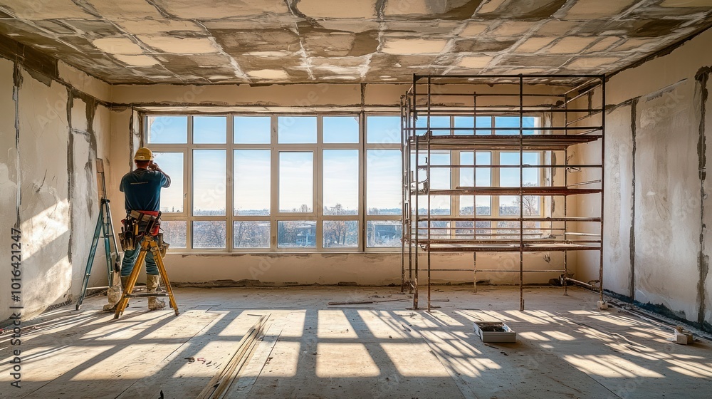 Poster a construction worker on a ladder in a partially renovated room with scaffolding and large windows.