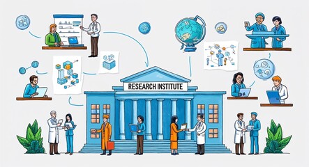 Hand drawing clipart of a research institute with scientists collaborating on projects on plain white background