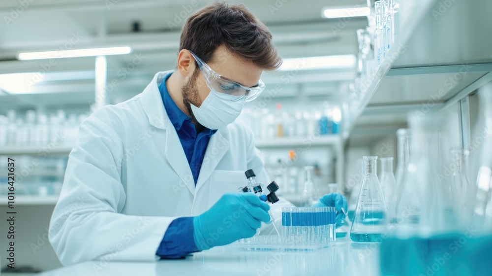 Poster technician wearing protective gear conducting chemical testing and analysis for rigorous product val
