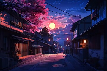 A beautiful japanese tokyo city town in the evening. houses at the street. anime comics artstyle. cozy lofi asian architecture