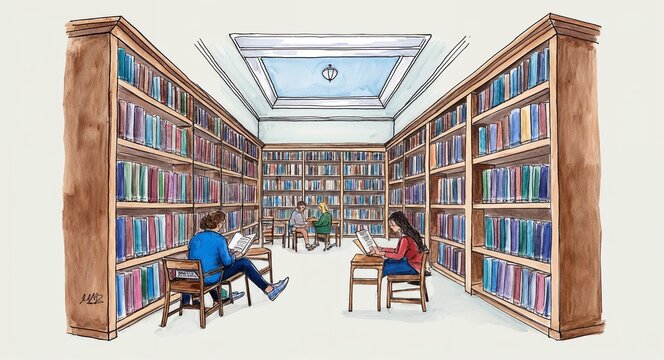 library interior watercolor, people reading books clip art preview