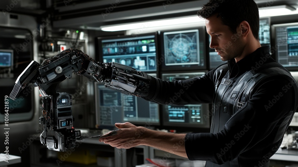 Aufkleber a man interacts with a robotic arm in a high-tech laboratory setting.