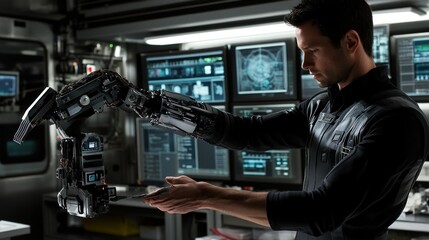 A man interacts with a robotic arm in a high-tech laboratory setting.